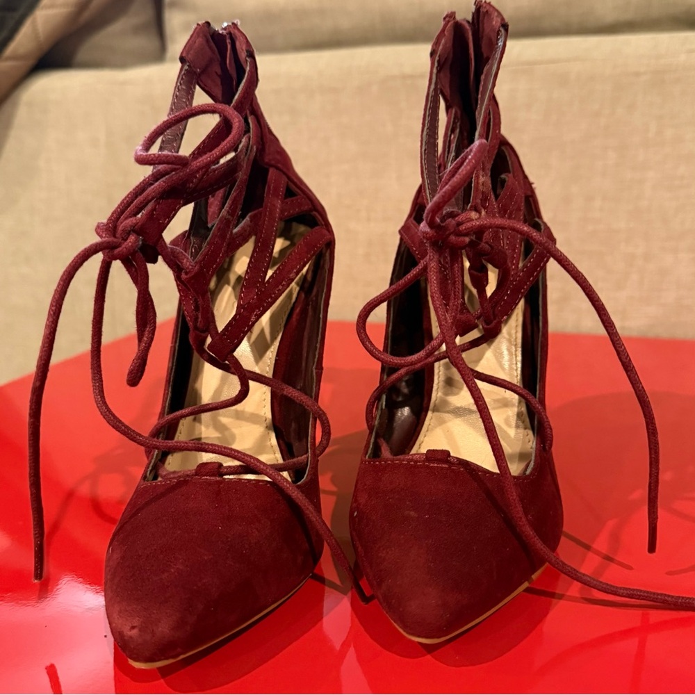 Burgundy Lace Up‎ Pointed Toe Stiletto Pumps Suede Strappy High Heels Sexy Dress